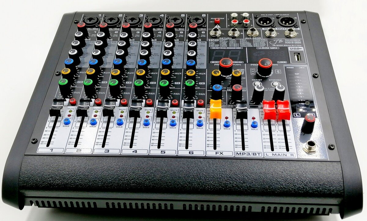 Микшерный пульт JB-600P JB sound Активный микшерный пульт 6 каналов ,процессор эффектов 32-бит, 99DSP программ ,2х170Вт на 4Ом
