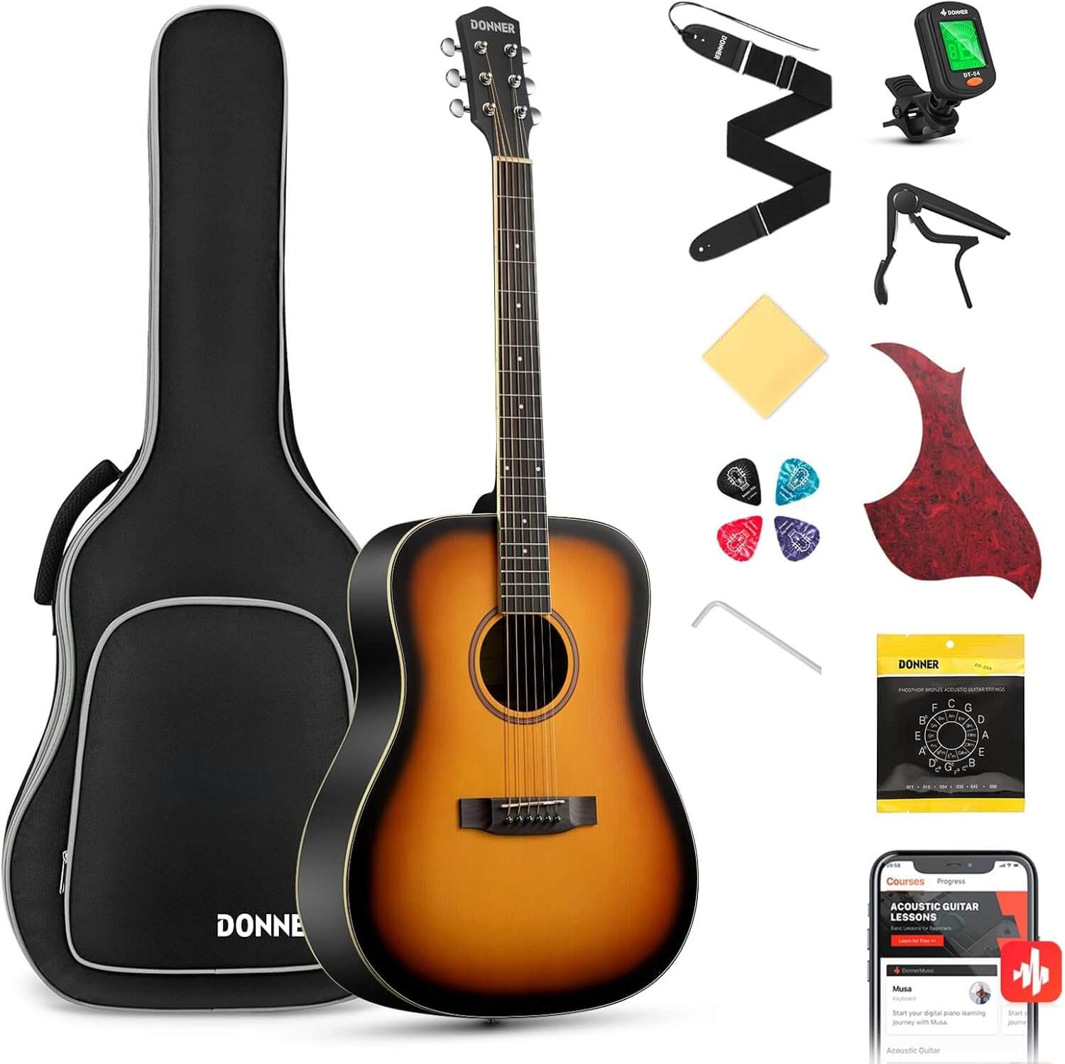 Комплект Donner Music Sunburst Acoustic Guitar EC1019