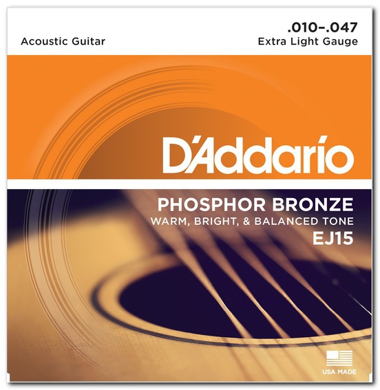 Струны для акустической гитары D'ADDARIO EJ15 Phosphor Bronze Extra Light, фосф. бронза, .010-.047