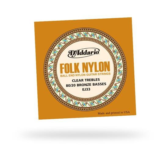 Струни для класичної гітари D&#039;ADDARIO EJ33 FOLK NYLON 80/20 Bronze Ball End Clear Treble